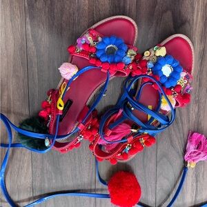 Dolce & Gabbana Red Kids Pom-Pom Embellished Sandals with Blue Accents